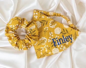 Personalized Matching Mustard Floral Dog Bandana and Hair Scrunchie Set, with Embroidered Name
