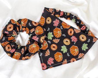Matching Fall Dog Bandana and Hair Scrunchie Set with Pumpkins