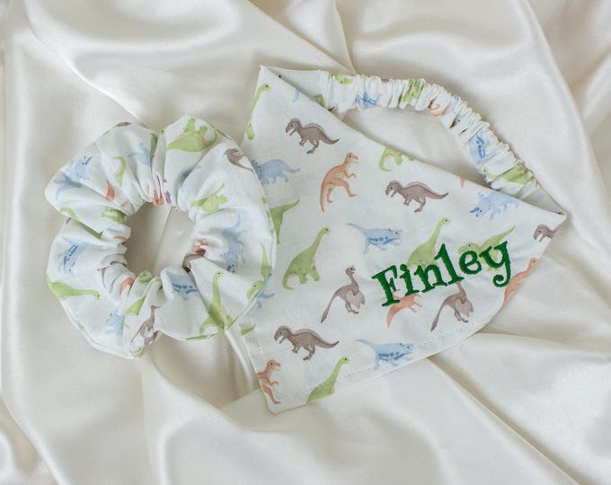 Featured listing image: Embroidered Beige Dinosaur Dog Bandana and Hair Scrunchie Matching Set, Personalized