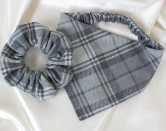 MATCHING Grey Flannel Dog Bandana and Hair Scrunchie Set, Matching Dog and Owner Pack, Plaid Scrunchy and Dog Scarf, Fall