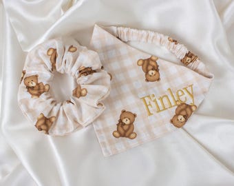 Matching Personalized Beige Gingham Dog Bandana and Hair Scrunchie Set, with Teddy Bears
