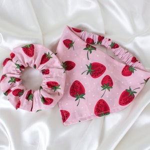 MATCH YOUR DOG! Matching Pink Strawberry Dog Bandana and Hair Scrunchie Set, Scrunchy Pet and Owner Set, Scrunchies and Dog Scarf