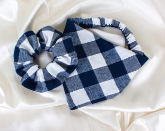 MATCHING Flannel Dog Bandana and Hair Scrunchie Set, Blue Plaid