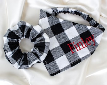 MATCHING Personalized Buffalo Check Flannel Dog Bandana and Hair Scrunchie Set, Embroidered Plaid Matching Dog and Owner, Fall Dog Bandana