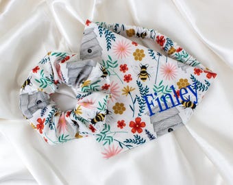 Matching Floral Bee Personalized Dog Bandana and Hair Scrunchie Set, Embroidered, White