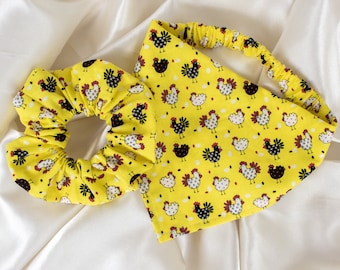 Matching Farm Chickens Bandana and Hair Scrunchie Set