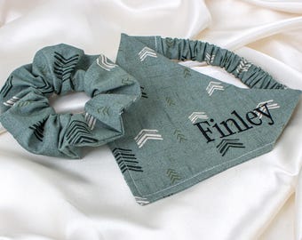 MATCHING Boho Chevron Personalized Dog Bandana and Hair Scrunchie Set, Embroidered Dog Scarf, Pet and Owner Pack with Custom Name