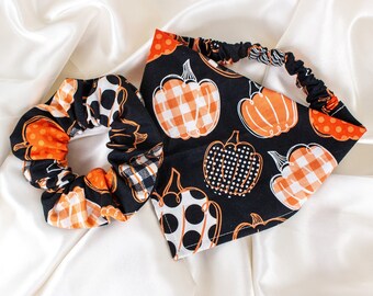 MATCHING Gingham Pumpkins Fall Dog Bandana and Hair Scrunchie Set, Autumn Plaid Pumpkin Dog Scarf and Scrunchy Pet and Owner Set