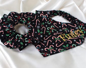 Personalized Christmas Snowflake and Candy Cane Dog Bandana and Hair Scrunchie Matching Set