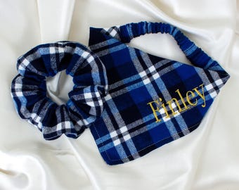 Matching Personalized Fall Flannel Dog Bandana and Hair Scrunchie Set in Tartan Plaid, Embroidered