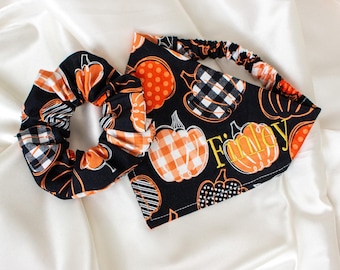 Matching Personalized Fall Dog Bandana and Hair Scrunchie Set with Plaid Gingham Pumpkins