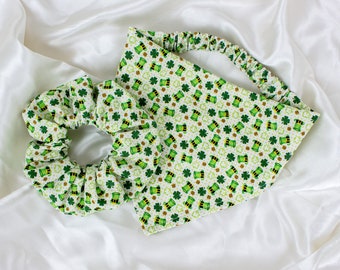 Matching St Patricks Day Dog Bandana and Hair Scrunchie Set, with Clovers