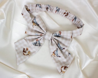 Gingham Plaid Dog Bow in Beige, with Farm Chickens