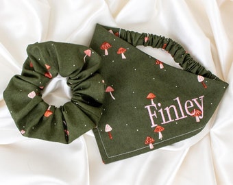 MATCHING Personalized Dog Bandana and Hair Scrunchie Set, Woodland Mushroom Embroidered Scrunchy Pet and Owner Pack with Custom Name