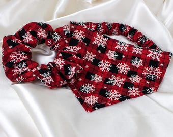 Matching Christmas Buffalo Plaid Dog Bandana and Hair Scrunchy Set, with Winter Snowflakes