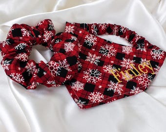 Personalized Christmas Buffalo Plaid Dog Bandana and Hair Scrunchie Matching Set, with Snowflakes