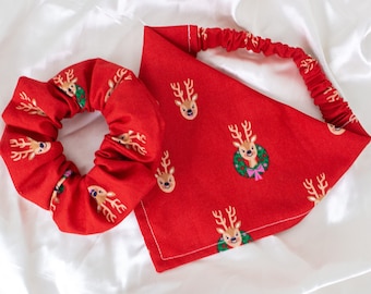 Matching Christmas Reindeer Dog Bandana and Hair Scrunchy Set, for Winter
