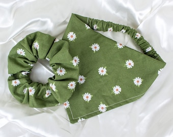 Matching Green Daisy Dog Bandana and Hair Scrunchie Set, Floral