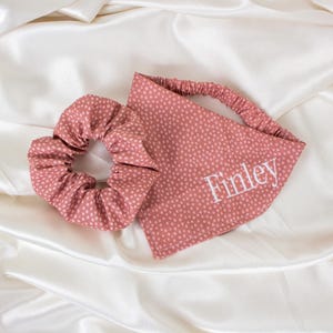 Matching Mauve Personalized Dog Bandana and Hair Scrunchie Set, with Dots and Embroidered Name