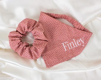 Matching Mauve Personalized Dog Bandana and Hair Scrunchie Set, with Dots and Embroidered Name