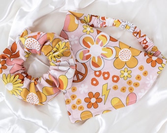 Retro Groovy Dog Bandana and Hair Scrunchie Matching Set, Floral