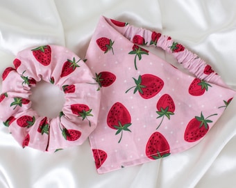 Matching Pink Strawberry Dog Bandana and Hair Scrunchie Set