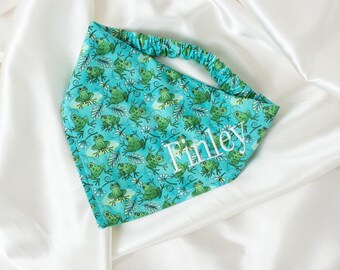 Personalized Chill Frog and Dragonfly Dog Bandana, Embroidered, Turquoise
