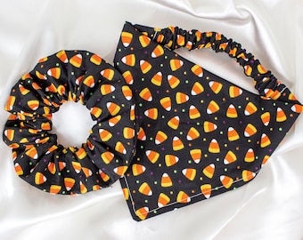 Matching Halloween Dog Bandana and Hair Scrunchy Set with Candy Corn
