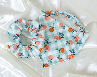Matching Plaid Dog Bandana and Hair Scrunchie Set, with Summer Oranges