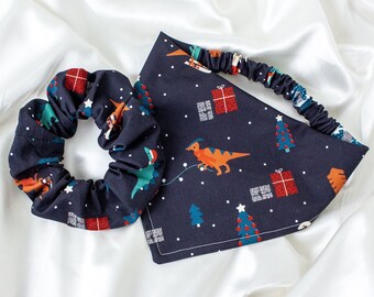 MATCHING Christmas Dinosaur Dog Bandana and Hair Scrunchie Set
