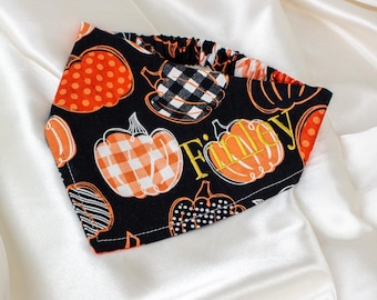 Personalized Fall Dog Bandana with Gingham Plaid Pumpkins and Embroidery