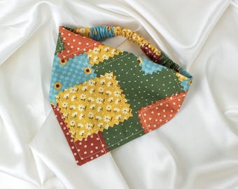Patchwork Quilt Fall Dog Bandana, with Mustard, Burnt Orange, Muted Teal, and Olive