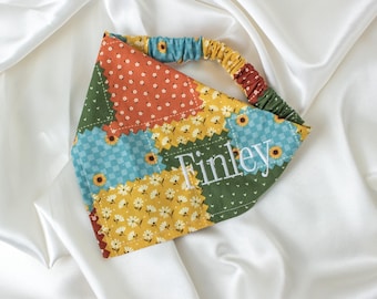 Personalized Patchwork Quilt Fall Dog Bandana with Embroidered Name and Mustard, Burnt Orange