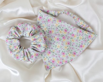 Matching Pastel Floral Dog Bandana and Hair Scrunchie Set in Sage Green