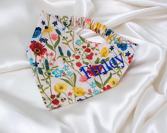 Personalized Beige Floral Dog Bandana with Strawberries and Embroidered Name