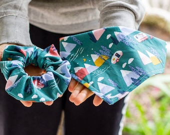 Matching Outdoors Camping Dog Bandana and Hair Scrunchie Set for Summer Camping