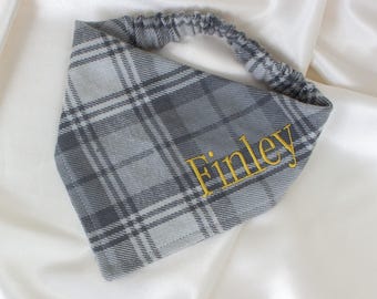 Personalized Fall Flannel Dog Bandana in Grey Plaid, with Embroidered Name
