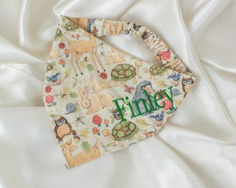 Personalized Woodland Critters Dog Bandana with Mushrooms, Deer, Owls, and Embroidered Name