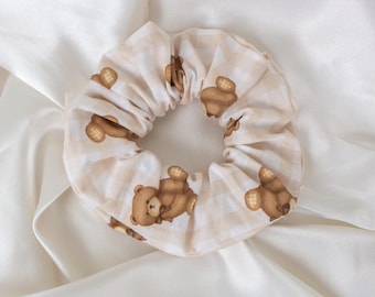 Beige Gingham Teddy Bear Hair Scrunchie