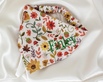 Personalized Floral Fall Dog Bandana, with Mushrooms and Embroidered Name
