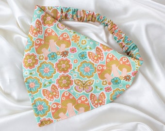 Groovy Floral Dog Bandana with Retro Mushrooms