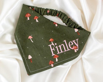 Personalized Woodland Mushroom Dog Bandana in Forest Green, Embroidered