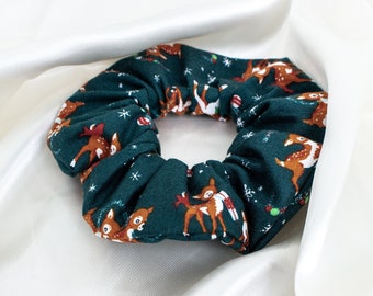 Christmas Reindeer Scrunchie, Winter Holiday Scrunchy, Green Scrunchies with Snowflakes, Christmas Gifts, Gift for Women