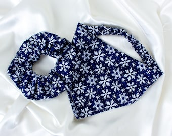 Matching Winter Snowflake Dog Bandana and Hair Scrunchy Set, Christmas Scrunchie Pet and Owner Set, Holiday Scrunchies and Dog Scarf