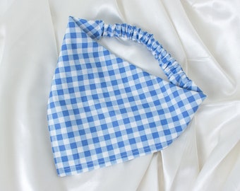 Gingham Dog Scarf, Elastic Dog Bandana, Checkered Blue Pet Handkerchief, Dog Lover Gift