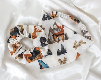 MATCH YOUR DOG! Matching Woodland Forest Tree Dog Bandana and Hair Scrunchie Set, Mountain Scrunchy Pet and Owner Set,  Dog Scarf