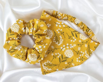 MATCH YOUR DOG! Matching Mustard Floral Dog Bandana and Hair Scrunchie Set, Scrunchy Pet and Owner Set, Scrunchies and Dog Scarf