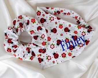 MATCHING Embroidered Floral Lady Bug Dog Bandana and Hair Scrunchie Set, Custom Name, Ladybug, Personalized Dog Scarf and Scrunchy Pack