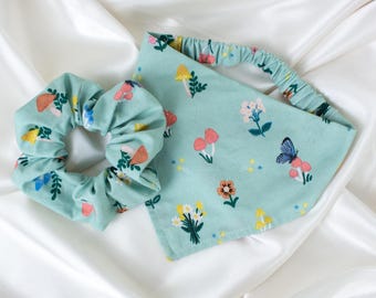 MATCHING Sage Mushroom Floral Dog Bandana and Hair Scrunchie Set, Dog Scarf and Scrunchy Pet and Owner Pack for Spring