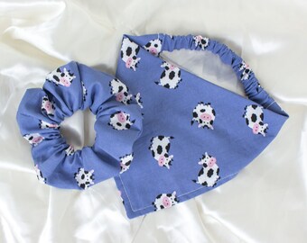 MATCHING Farm Dog Bandana and Hair Scrunchie Set, Cows Pet and Owner Set, Cowgirl Scrunchy and Dog Scarf Pack for Horse Girl